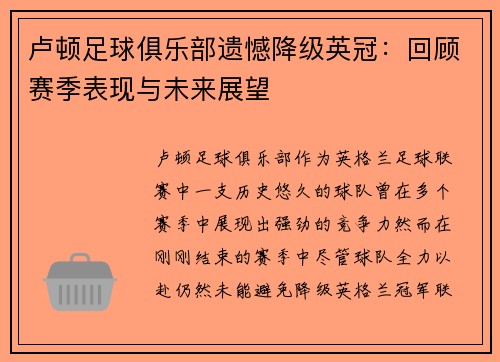 卢顿足球俱乐部遗憾降级英冠：回顾赛季表现与未来展望